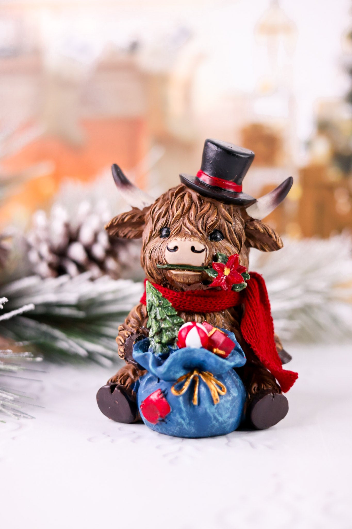 Resin Holiday Highland Cow W/ Present Decorative Figures (Two Styles)