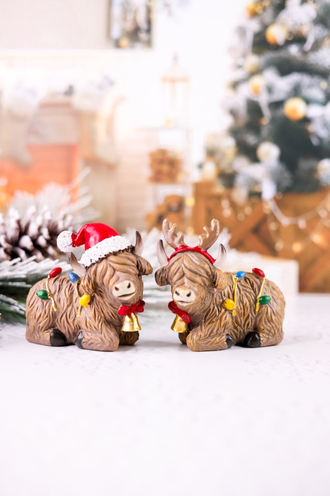 Resin Highland Cow W/ Christmas Lights Figurine (2 Styles)