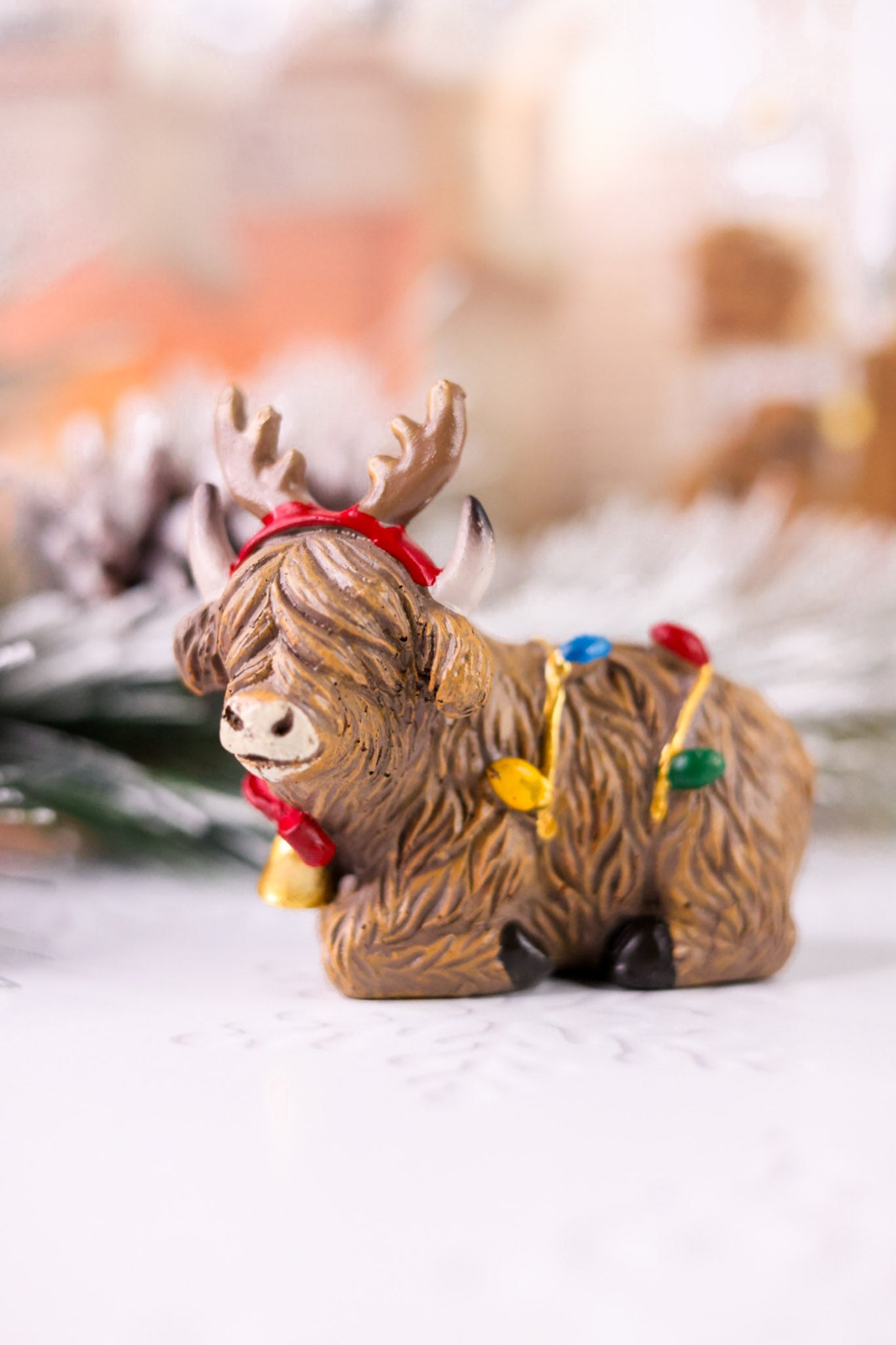 Resin Highland Cow W/ Christmas Lights Figurine (2 Styles)