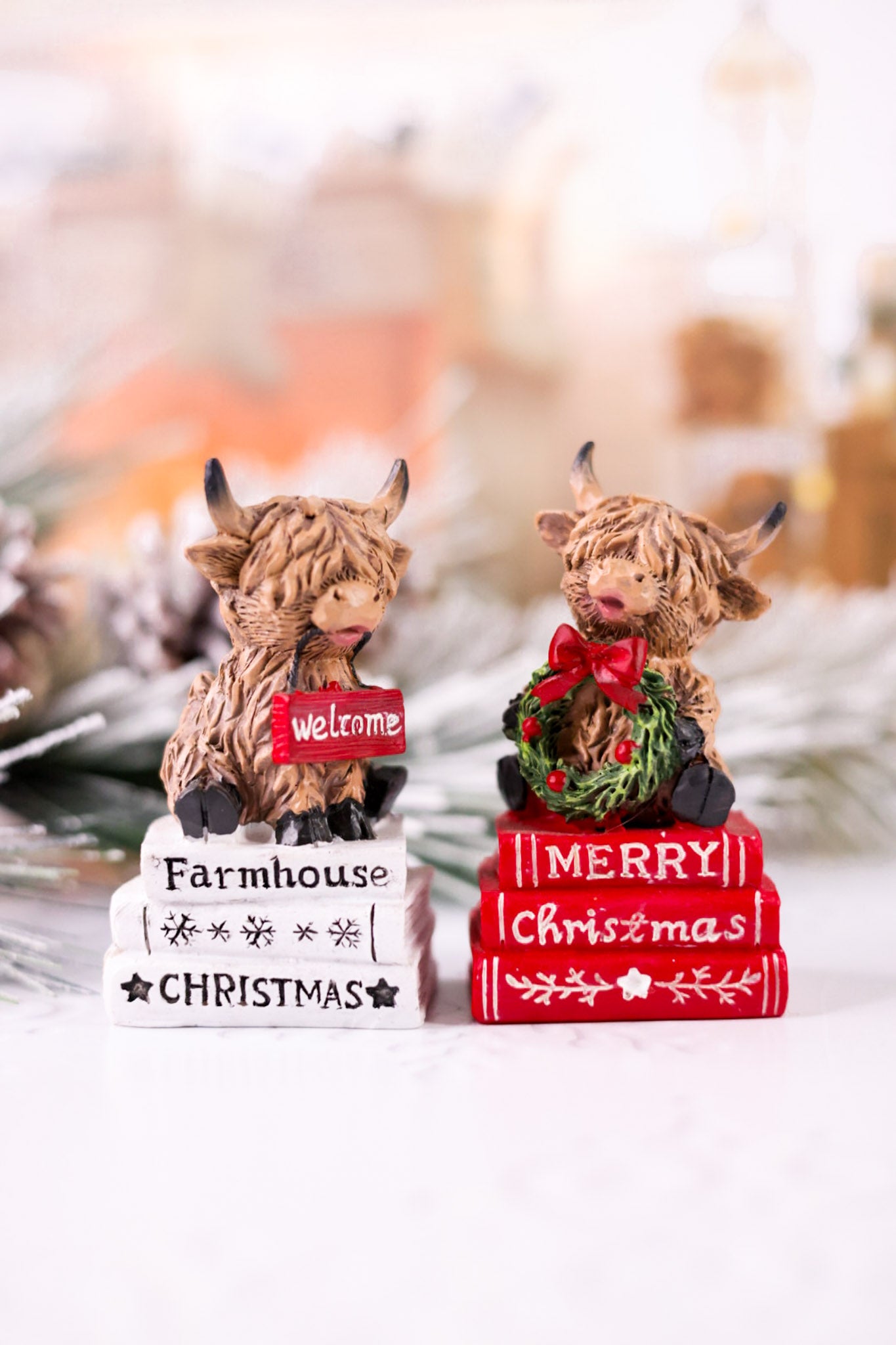 Merry Christmas Highland Cow Book Stack Resin Figurines (2 Styles)