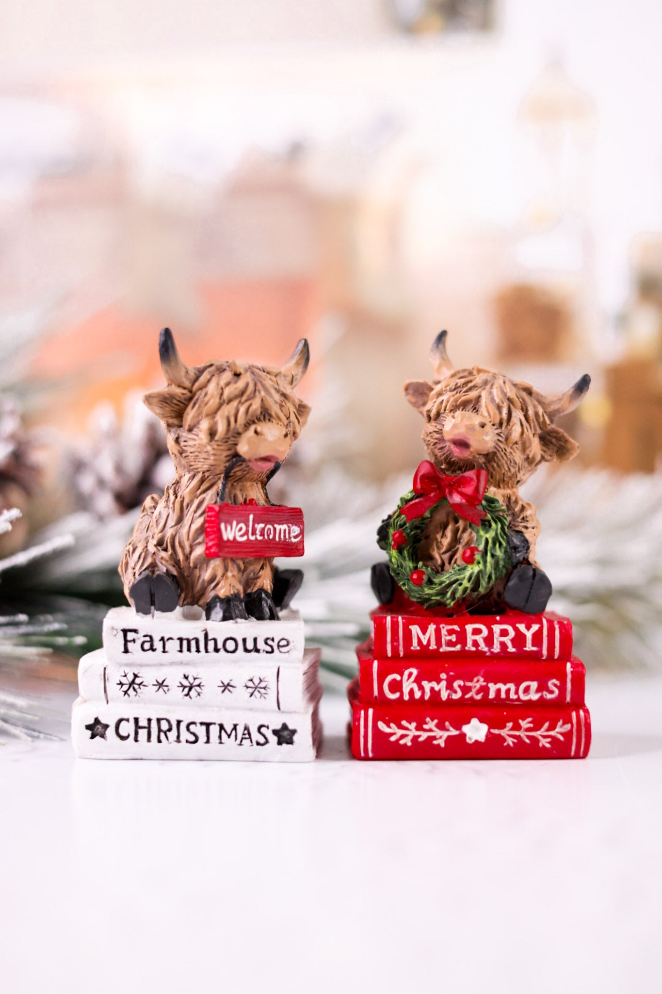 Merry Christmas Highland Cow Book Stack Resin Figurines (2 Styles)