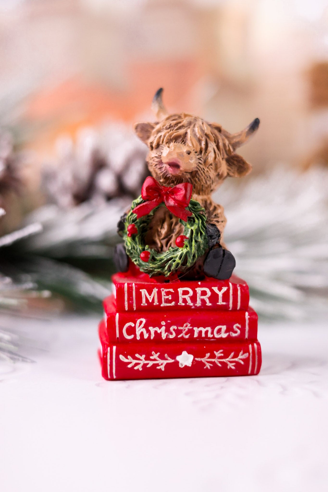 Merry Christmas Highland Cow Book Stack Resin Figurines (2 Styles)