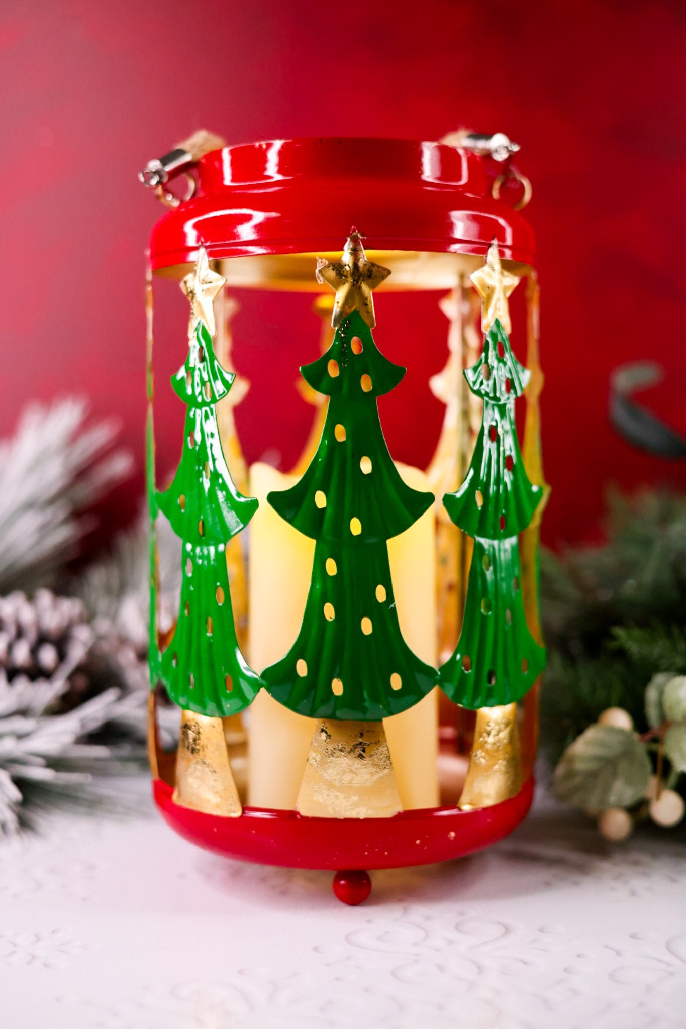 Christmas Tree Cutout Metal LED Lantern