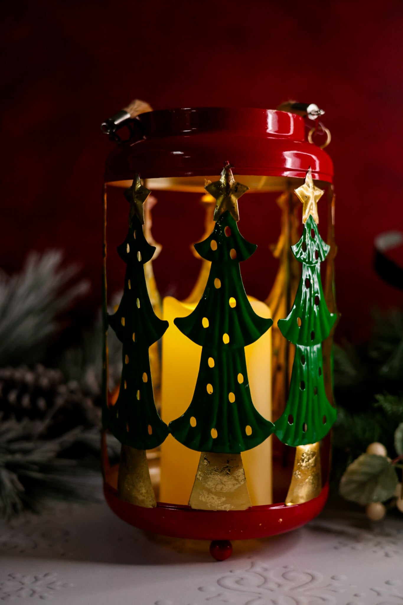Christmas Tree Cutout Metal LED Lantern
