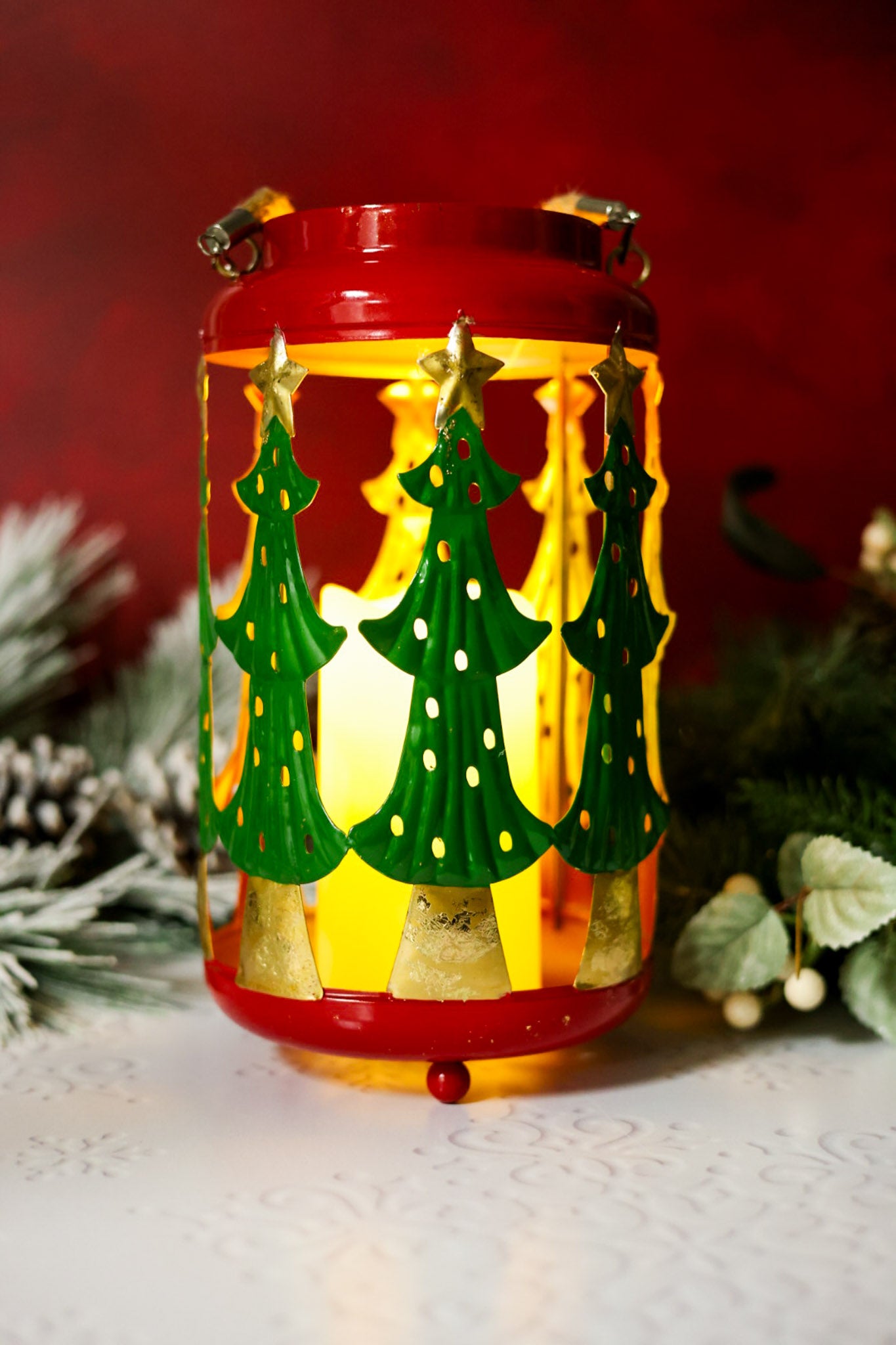 Christmas Tree Cutout Metal LED Lantern