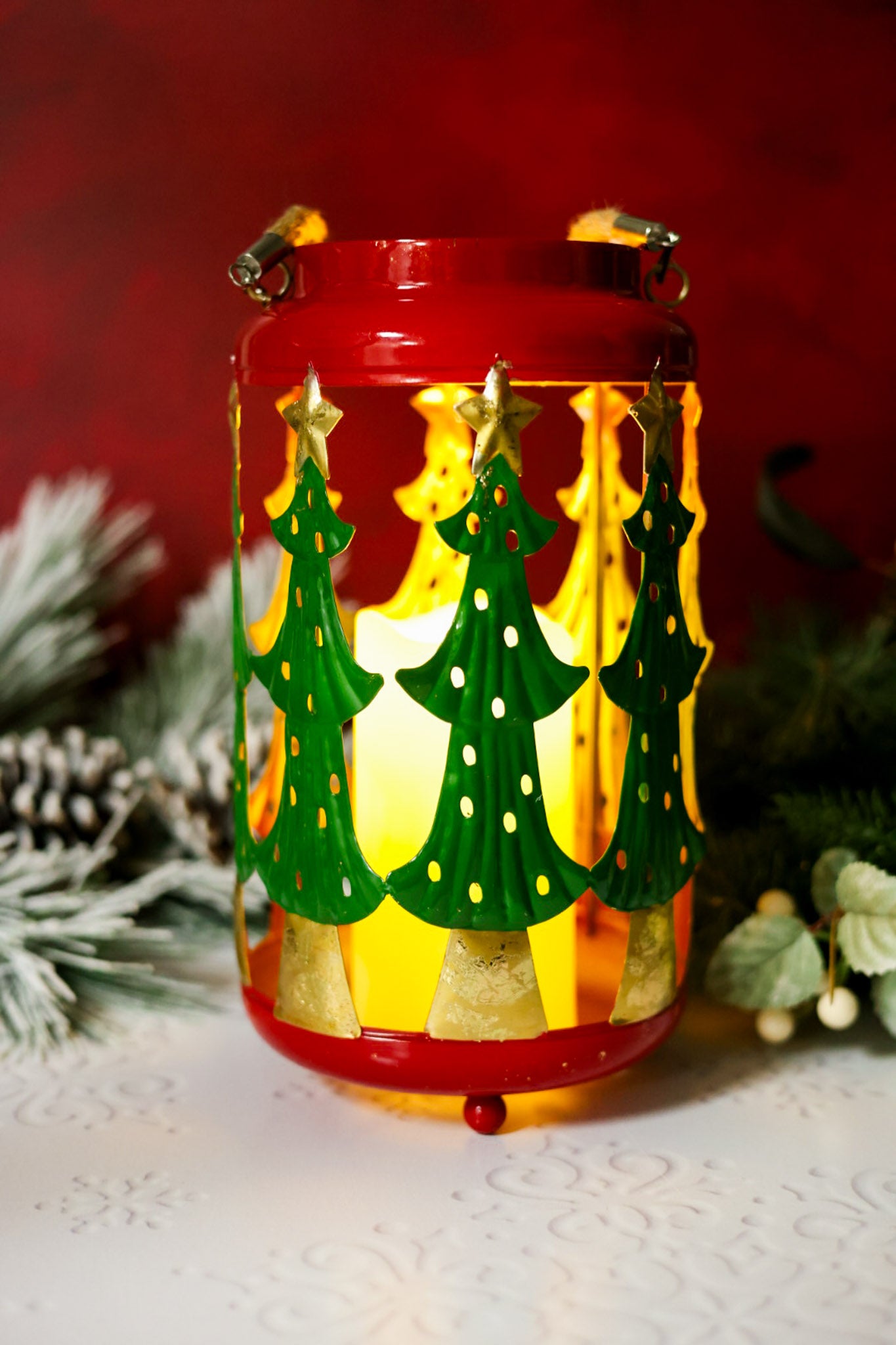 Christmas Tree Cutout Metal LED Lantern