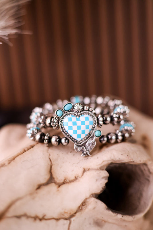 2 Layered Turquoise And White Checkerboard Heart Stretch Bracelet