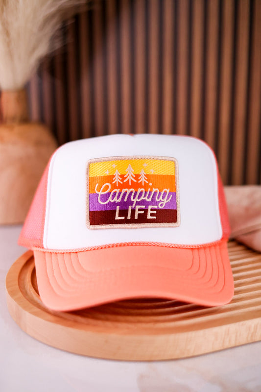White & Dusty Coral Camping Life Trucker Hat