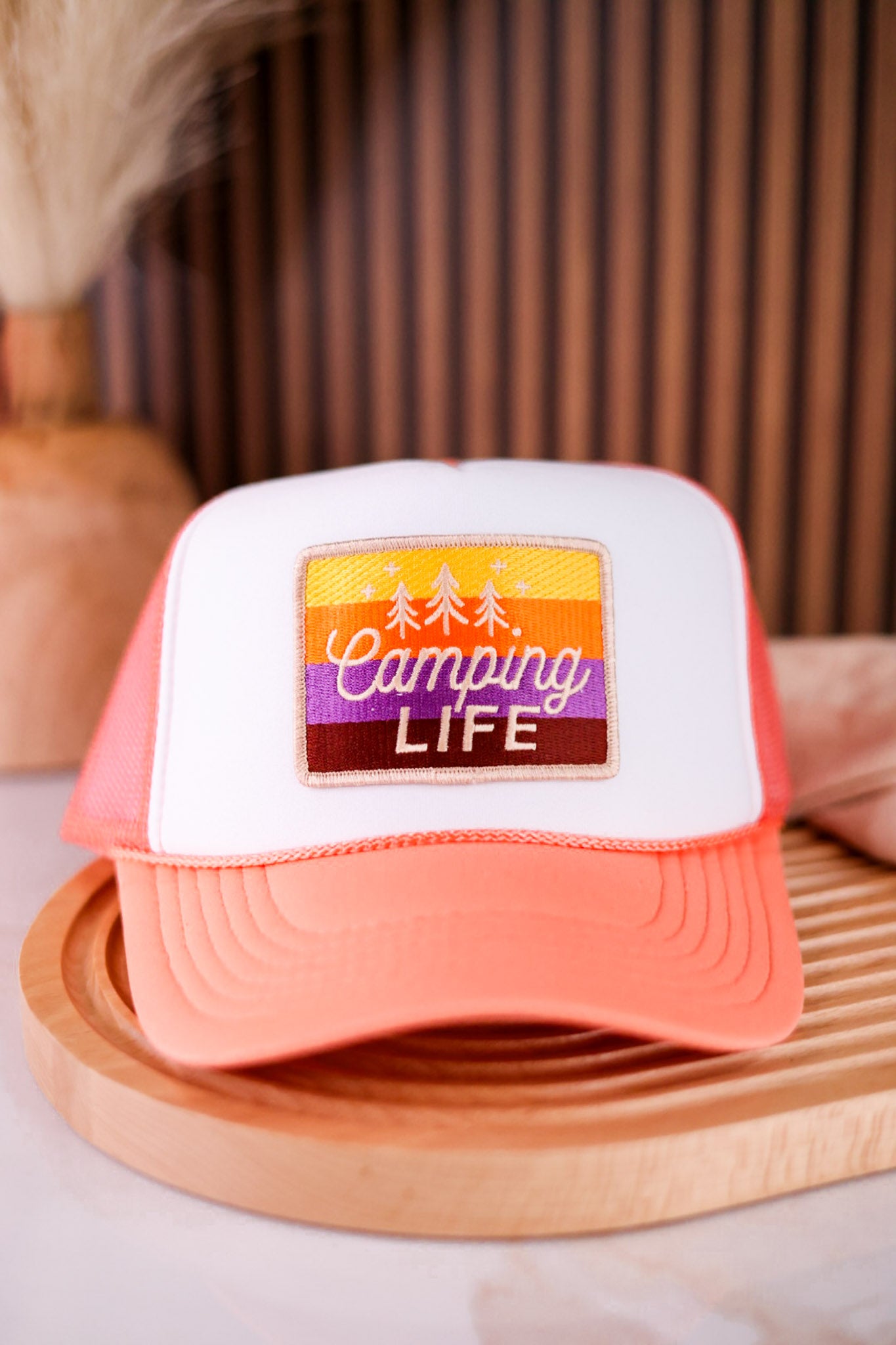 White & Dusty Coral Camping Life Trucker Hat