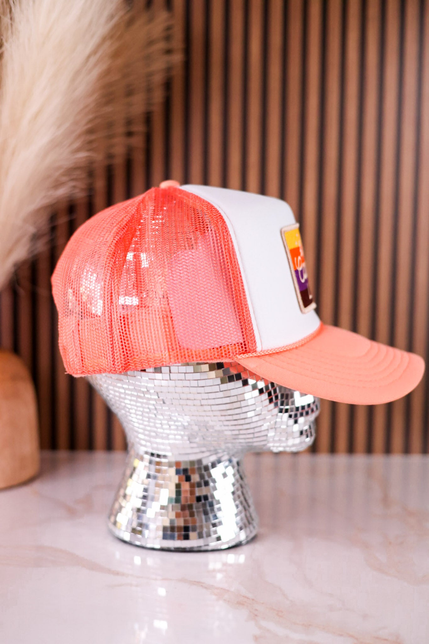 White & Dusty Coral Camping Life Trucker Hat