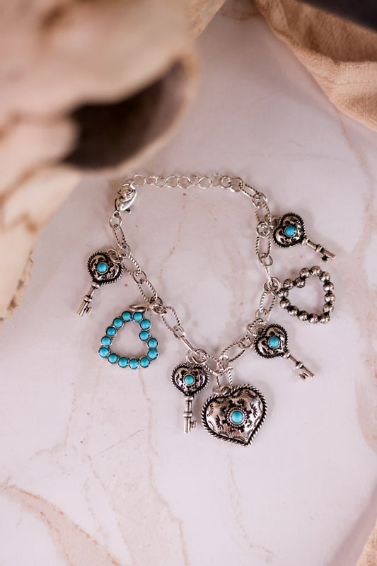 Key Heart Western Style Stone Multi Charm Chunky Chain Bracelet