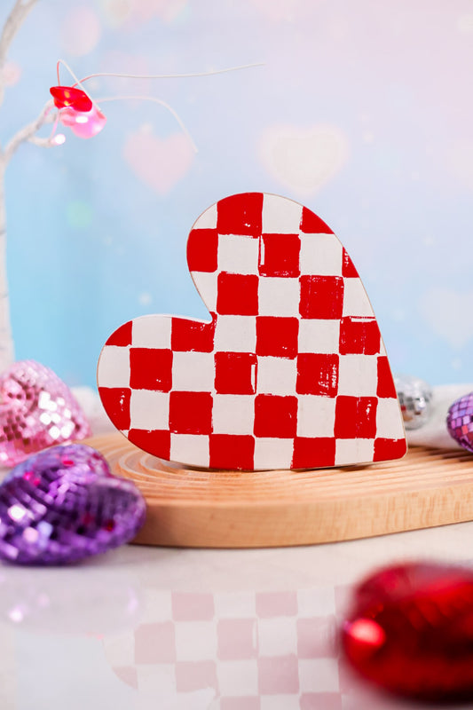 Red and White Checkered Wooden Heart Cutout