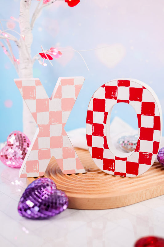 Red and Pink Checkered "XO" Wood Cutouts