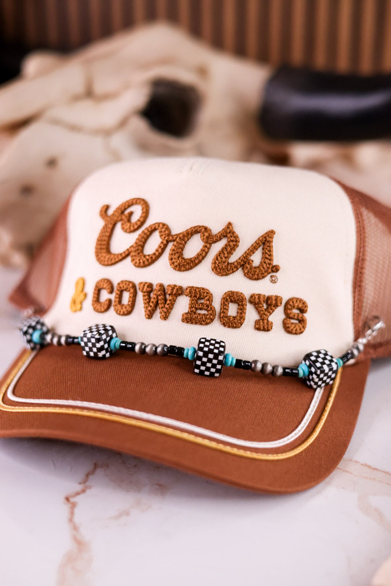 Black Dice Western Style Cowgirl Pearl & Checkerboard Trucker Hat Chain