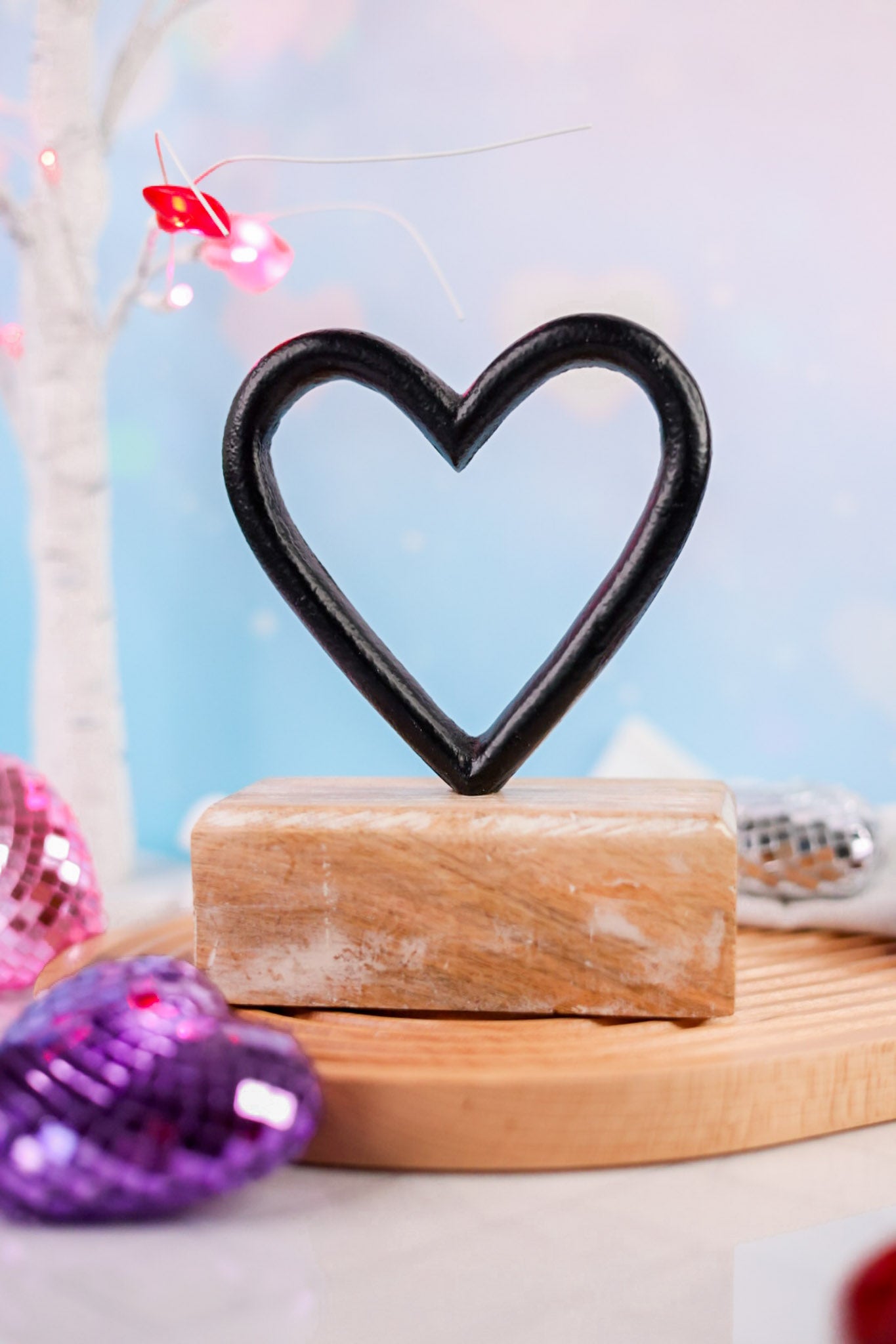 Black Metal Heart on Mango Wood Block