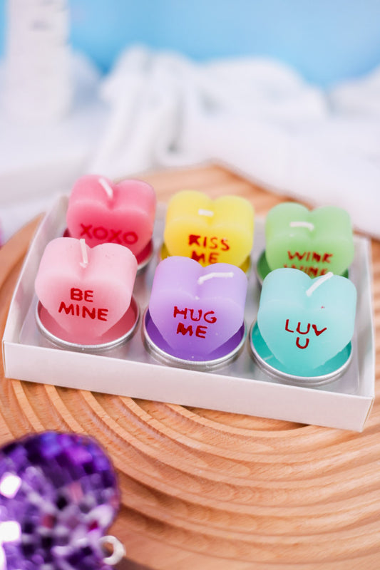 Set of 6 Conversation Heart Tea Light Candles