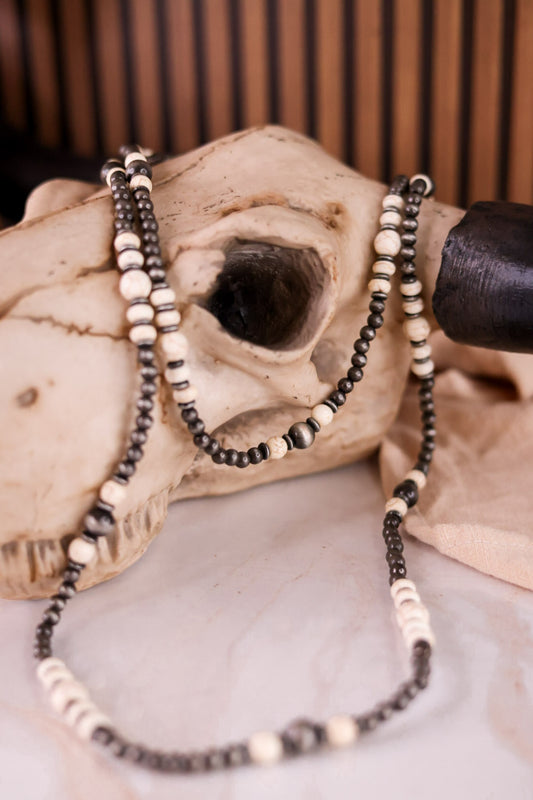 Cowgirl Pearl And Stone Bead Long Necklace In Silver