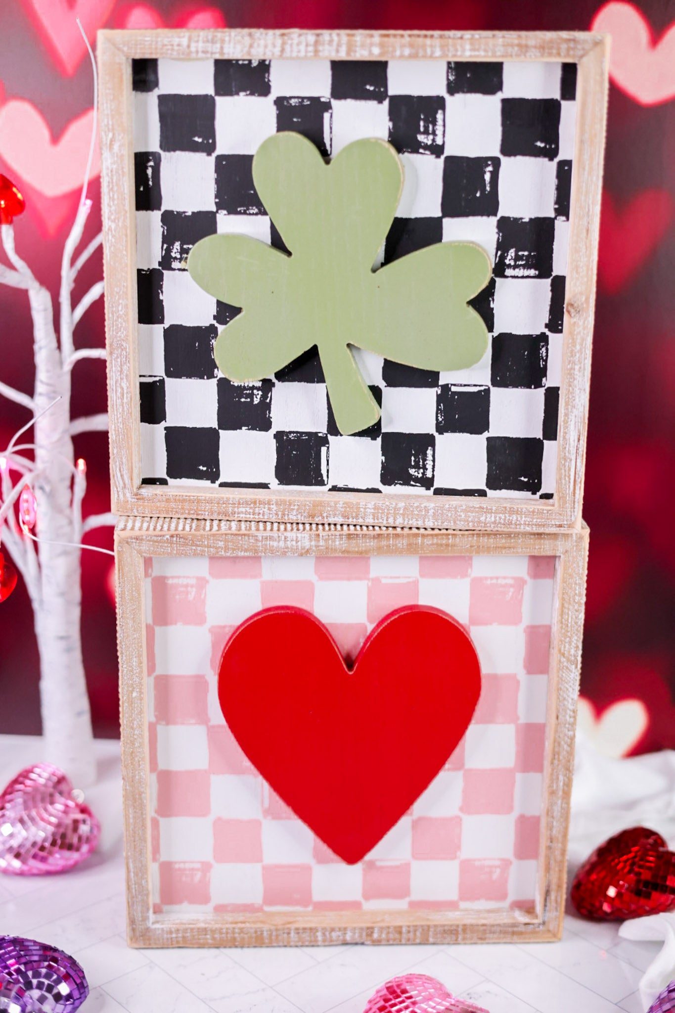 Heart/Clover Checkered Reversible Wooden Sign