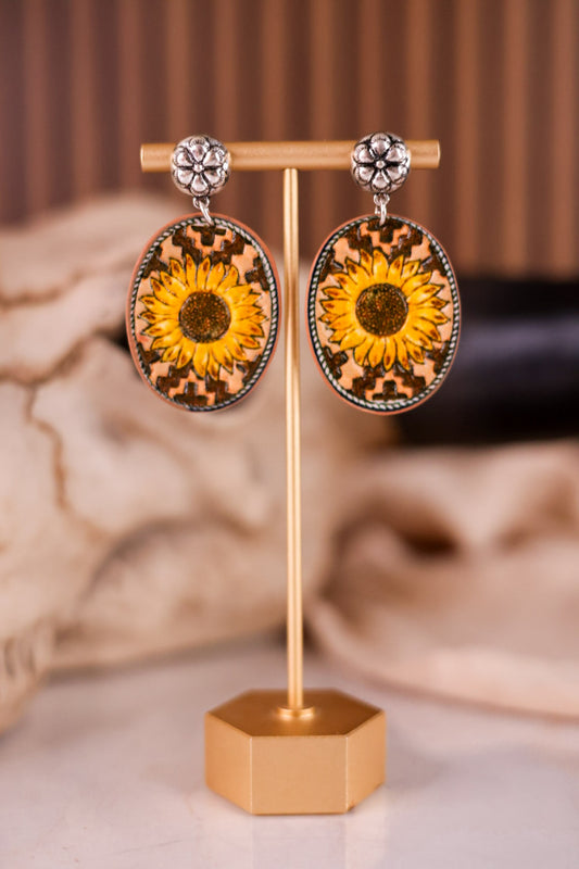 Sunflower Western Style Leather Stone Post Drop Dangle Earrings