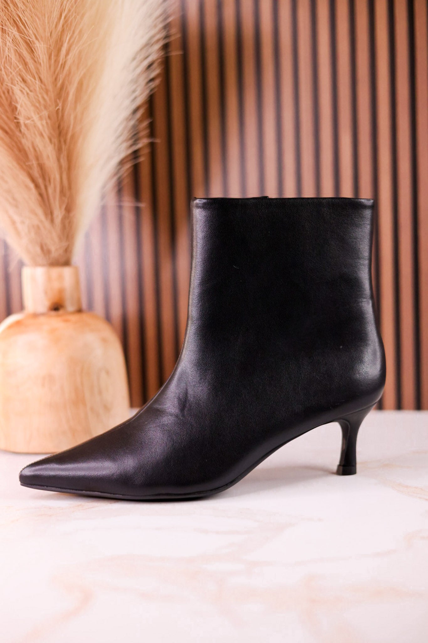 Black Faux Leather Pointed Toe Kitten Heel Ankle Boots