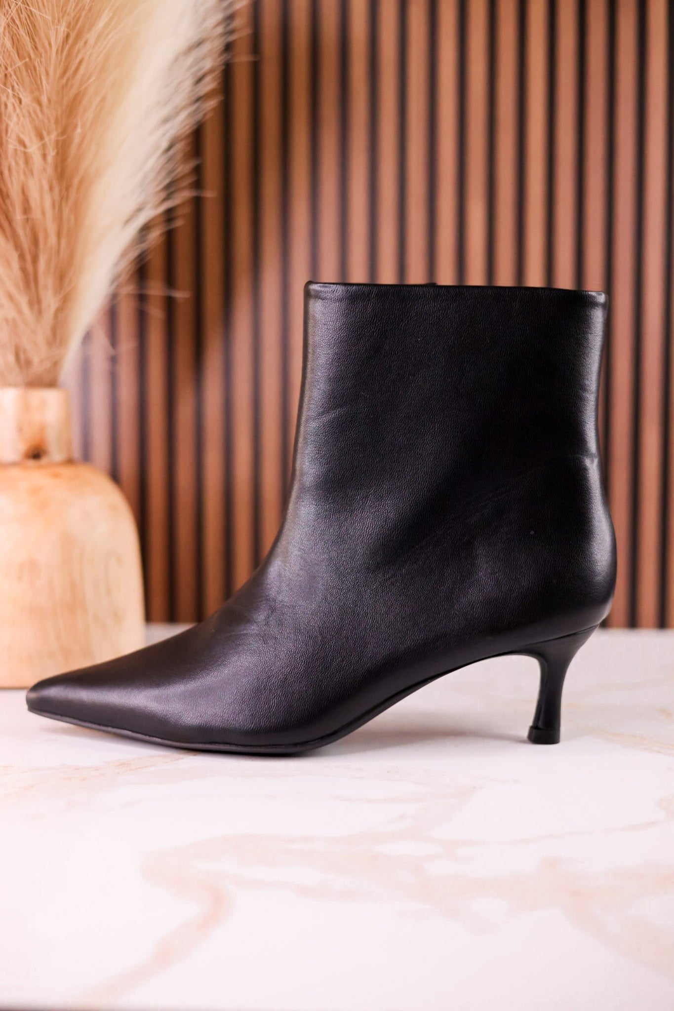Black Faux Leather Pointed Toe Kitten Heel Ankle Boots