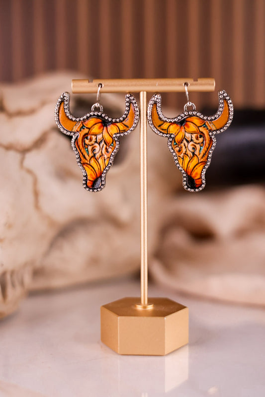 Steerhead Western Style Leather Stone Post Drop Dangle Earrings