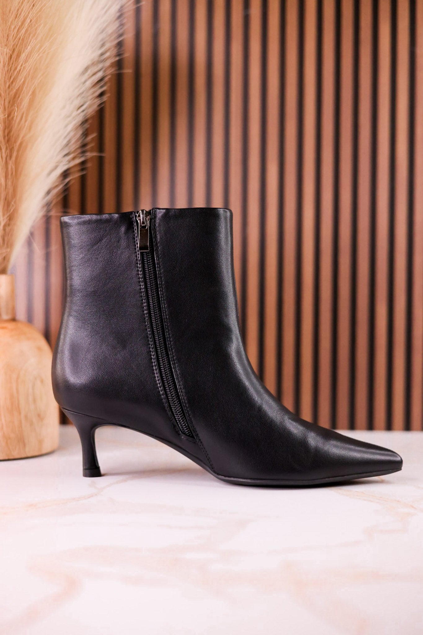 Black Faux Leather Pointed Toe Kitten Heel Ankle Boots