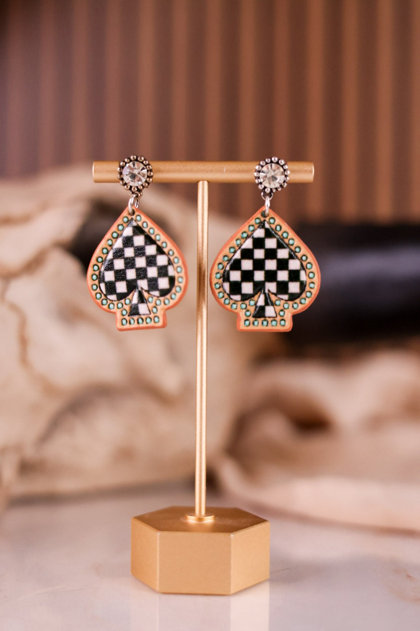 Spade Western Style Leather Stone Post Drop Dangle Earrings