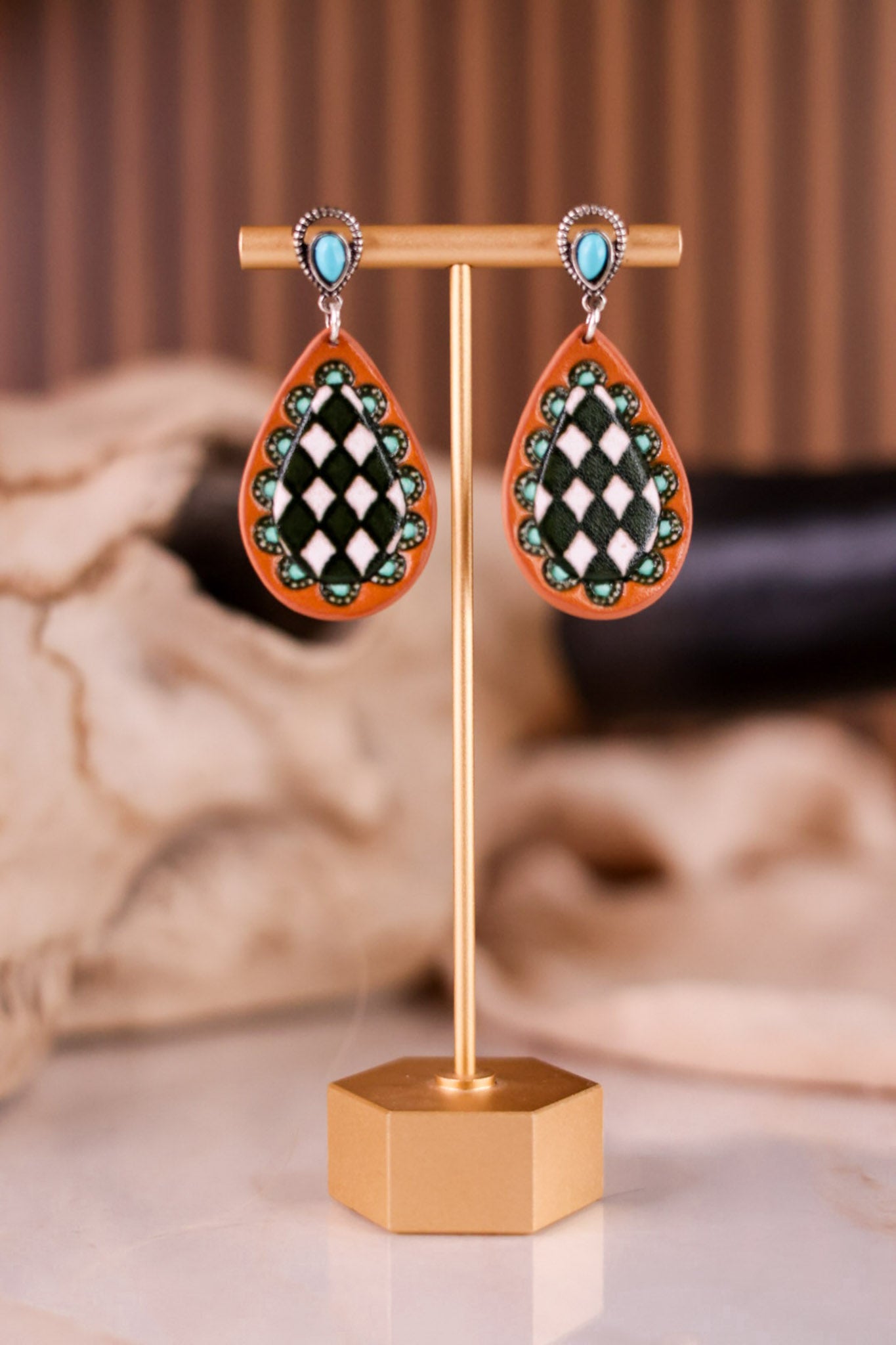 Teardrop Western Style Leather Stone Post Drop Dangle Earrings