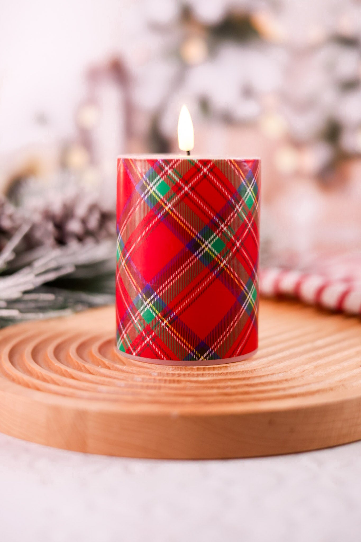 Red & Green Tartan Flameless 4" Wax Pillar Candle