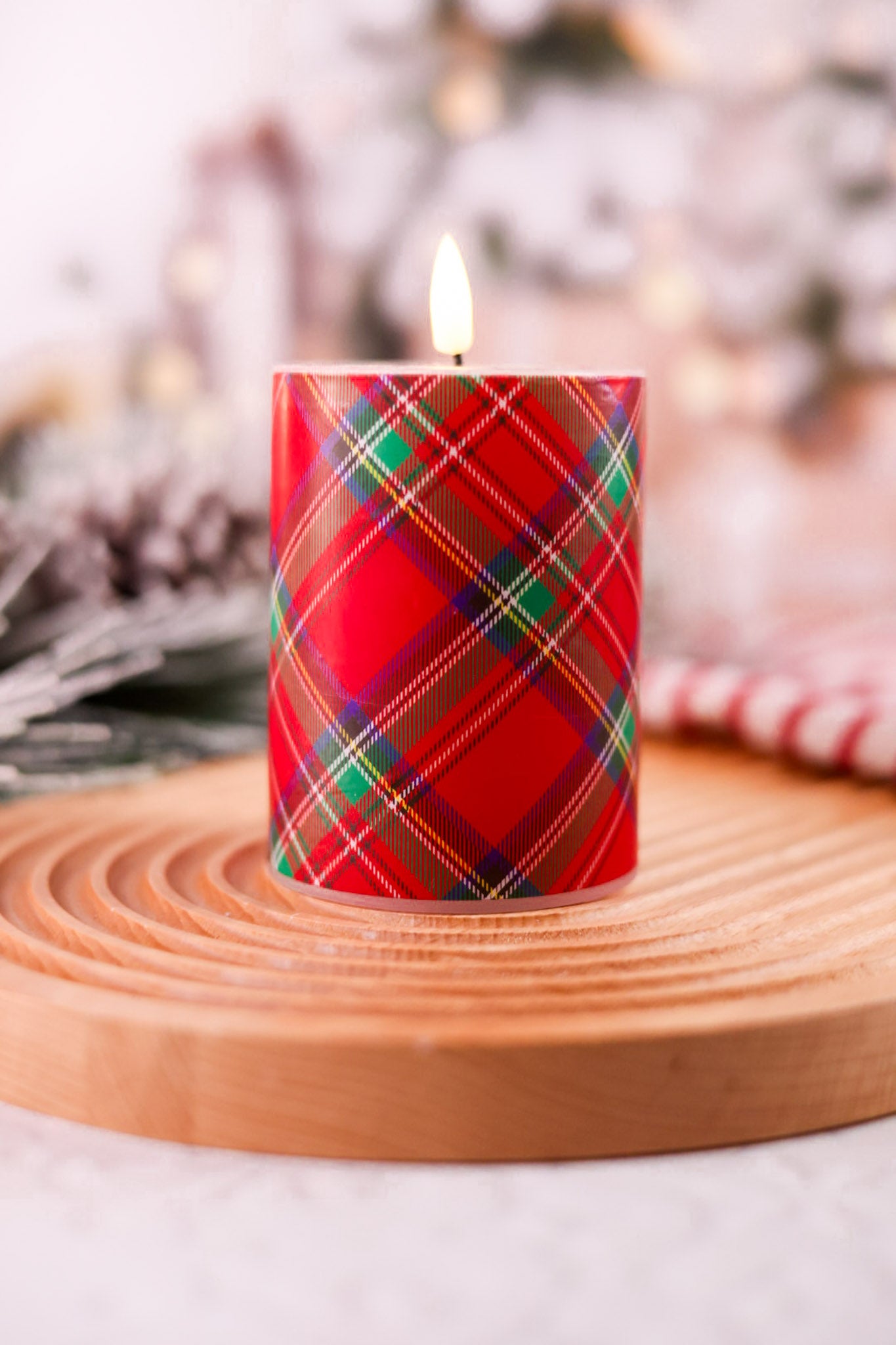Red & Green Tartan Flameless 4" Wax Pillar Candle