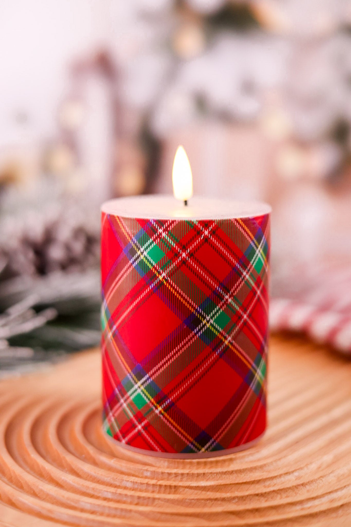 Red & Green Tartan Flameless 4" Wax Pillar Candle