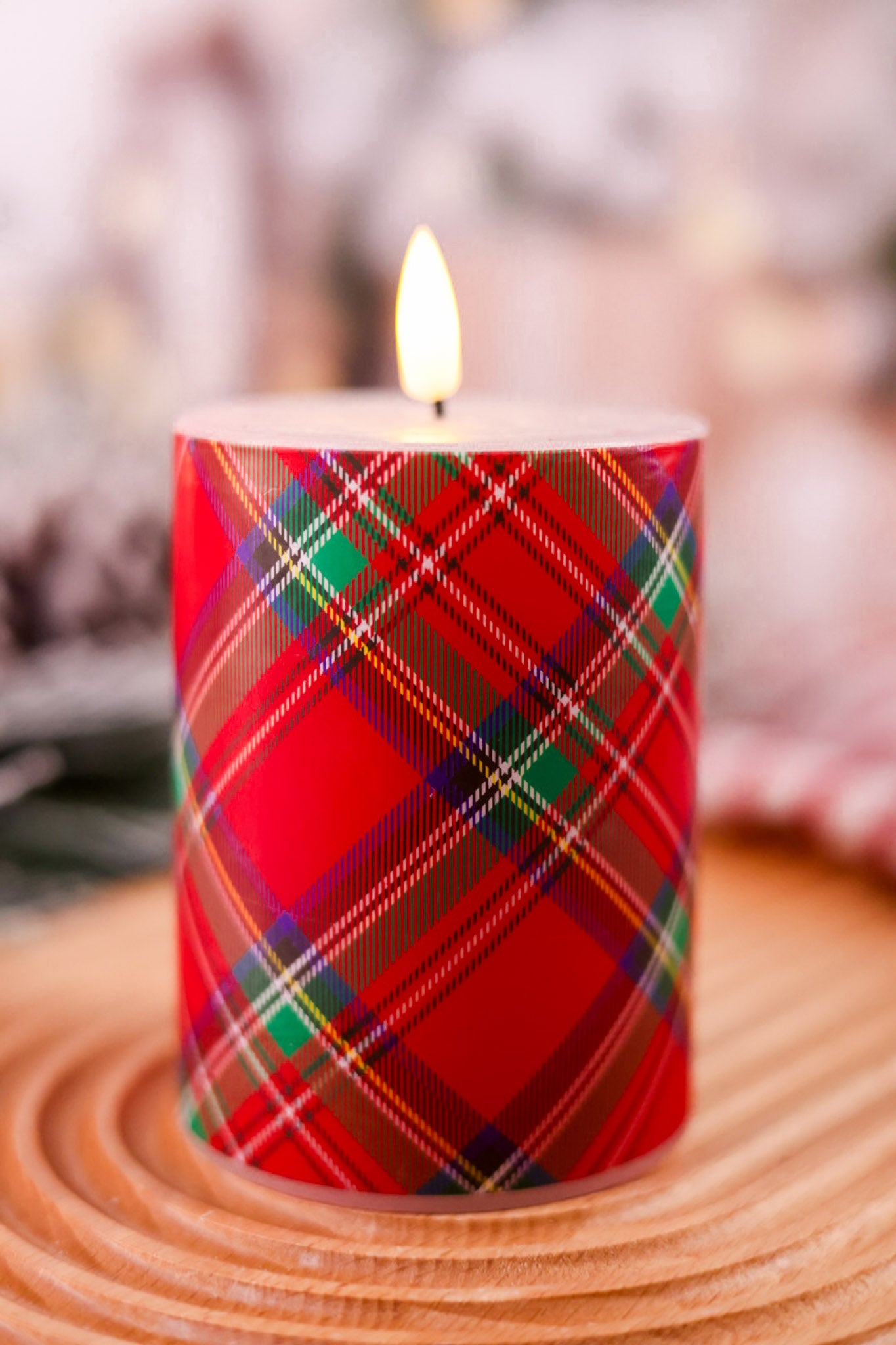 Red & Green Tartan Flameless 4" Wax Pillar Candle