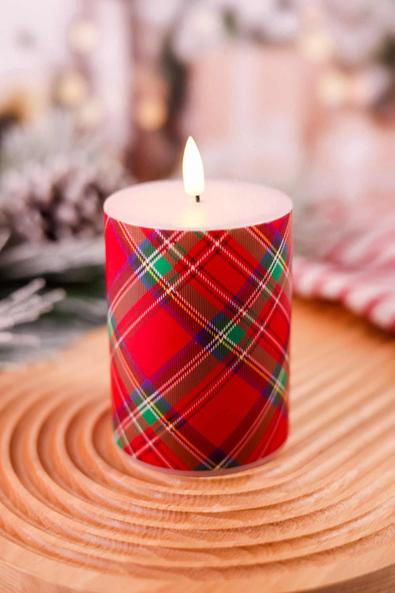 Red & Green Tartan Flameless 4" Wax Pillar Candle