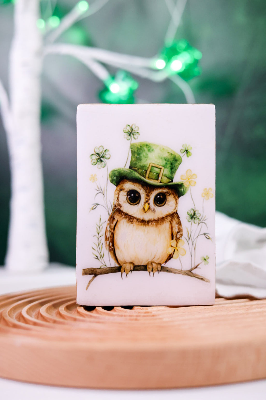 St. Patrick's Day Animals Decorative Wooden Blocks (3 Styles) featuring owl with green leprechaun hat and clover accents