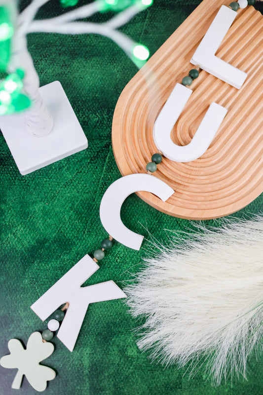 "Luck" Garland with Green Wooden Beads