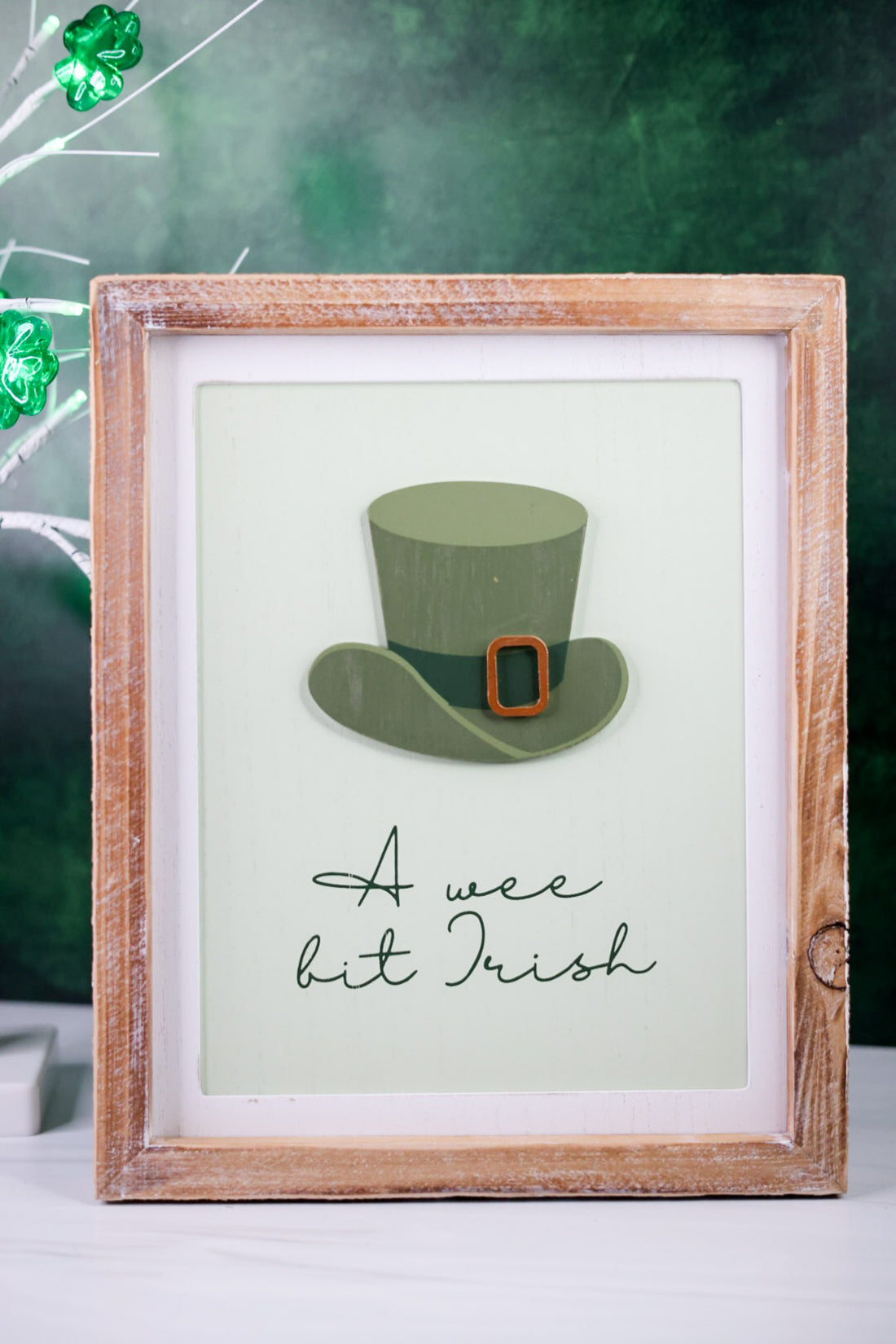 Reversible Valentine/Leprechaun Hat Wood Framed Sign showing green leprechaun hat with Irish quote on light background