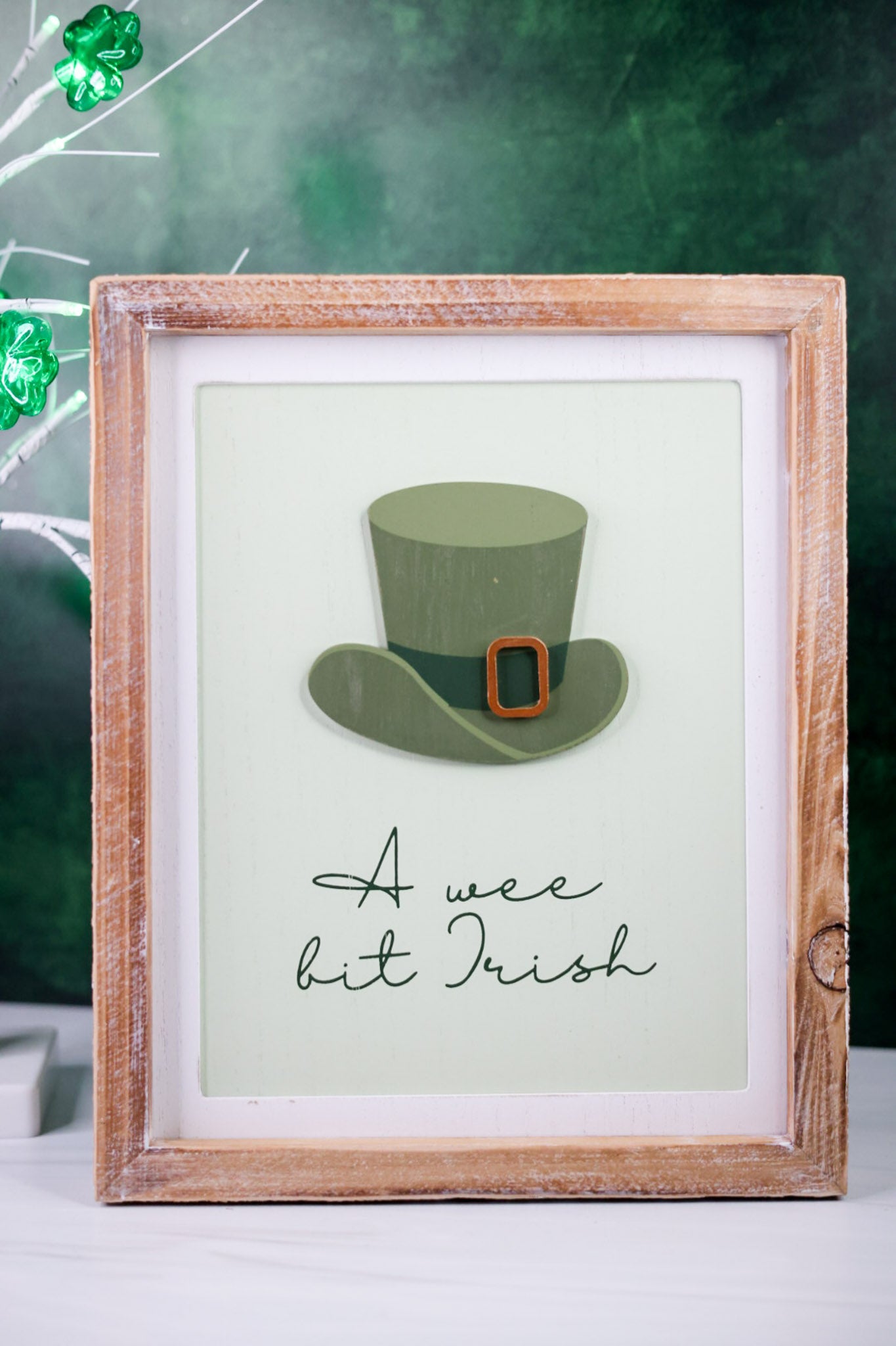 Reversible Valentine/Leprechaun Hat Wood Framed Sign showing green leprechaun hat with Irish quote on light background