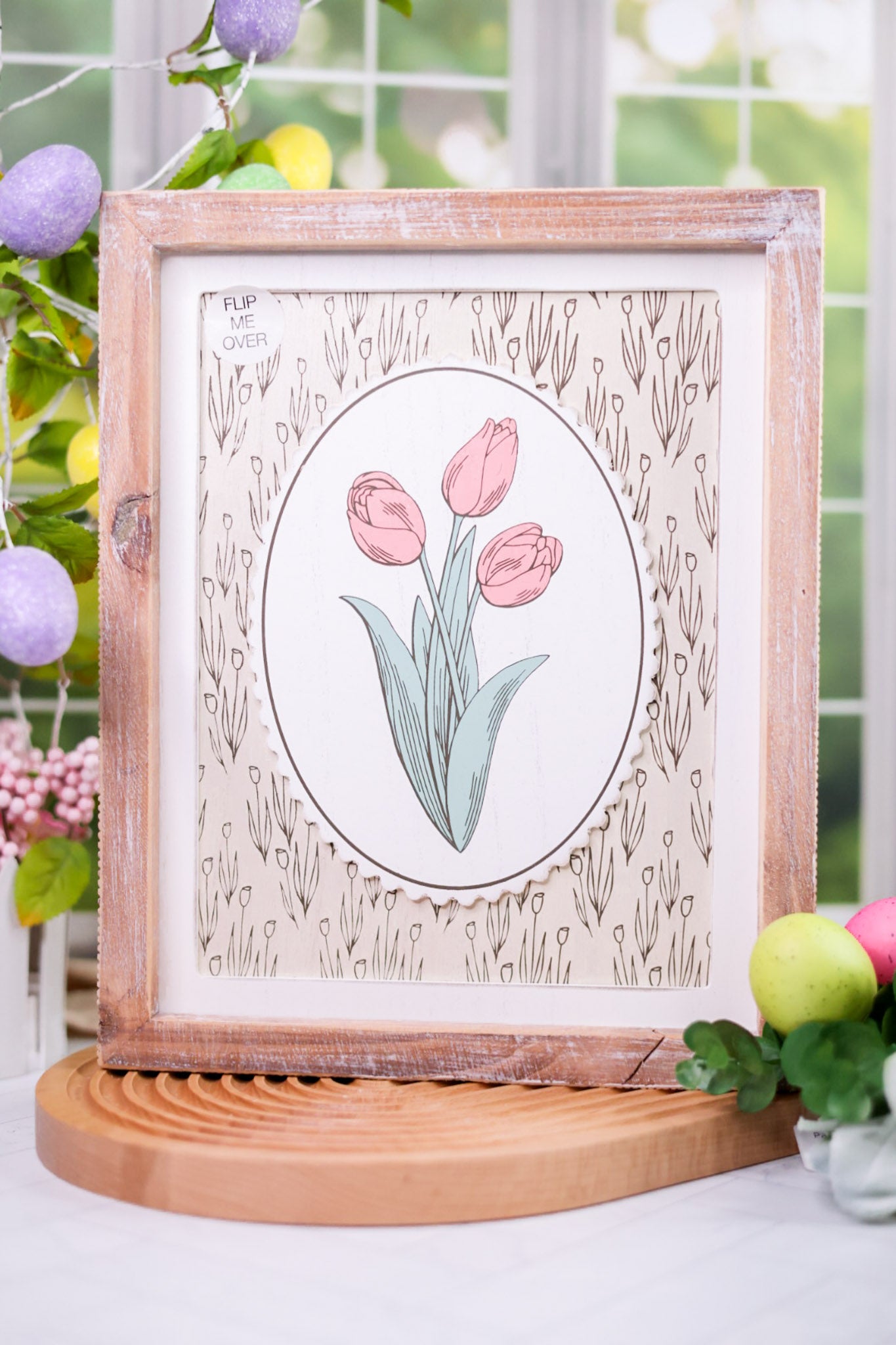 Reversible Wooden Sign with Tulips and Bunny