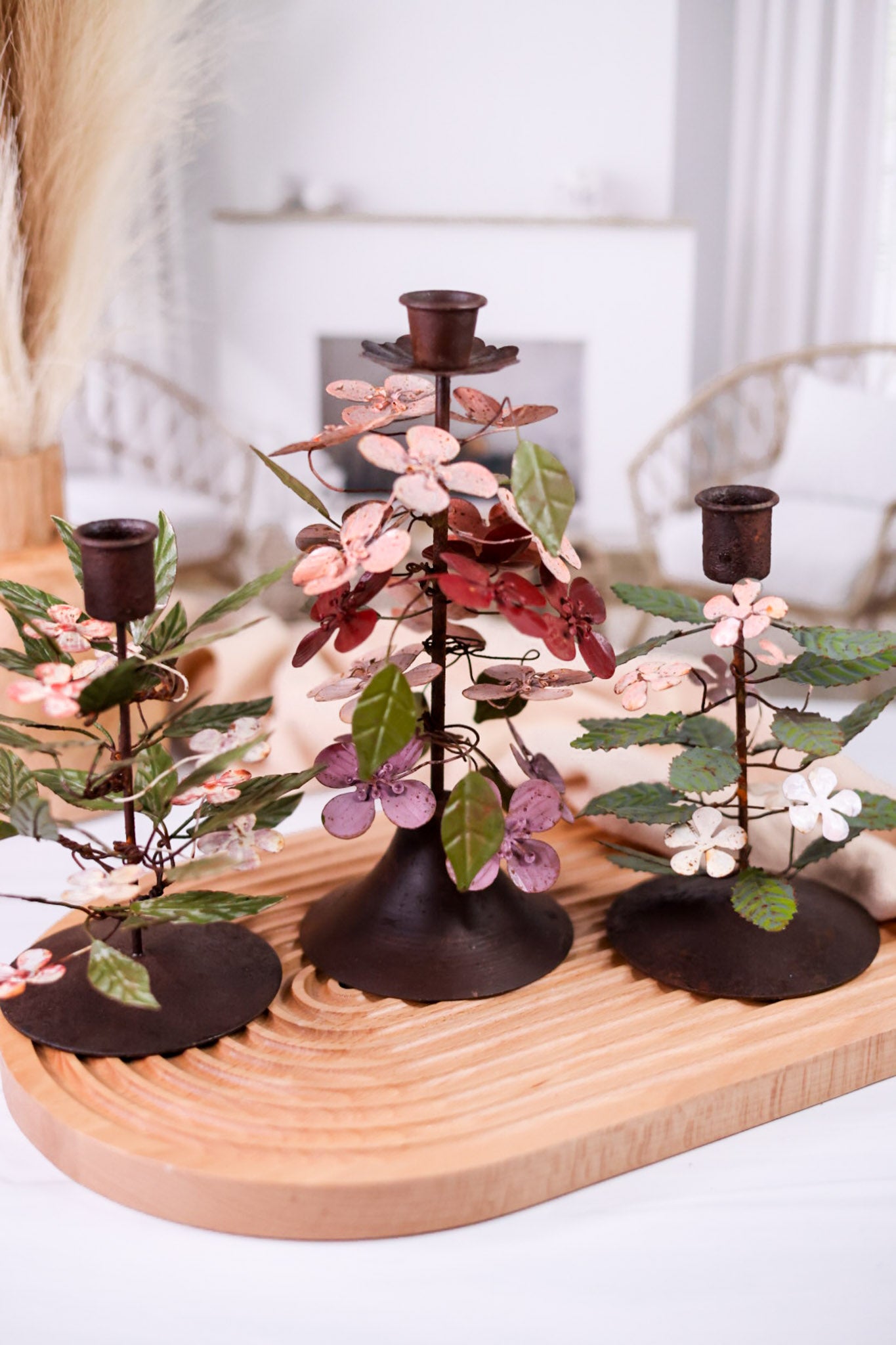 Rustic Painted Metal Pink Floral Candleholders (3 Styles)