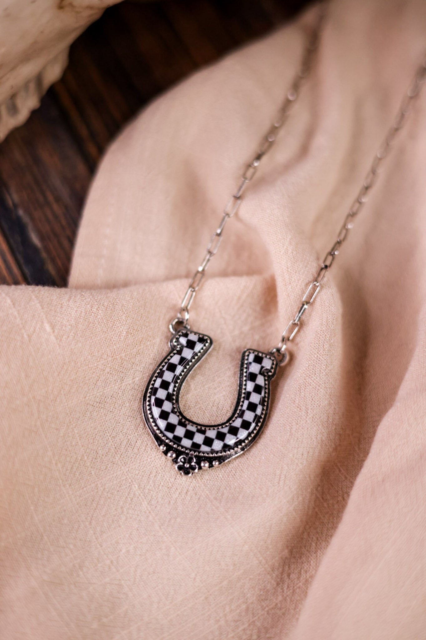 Western Black & White Checkered Horse Shoe Necklace