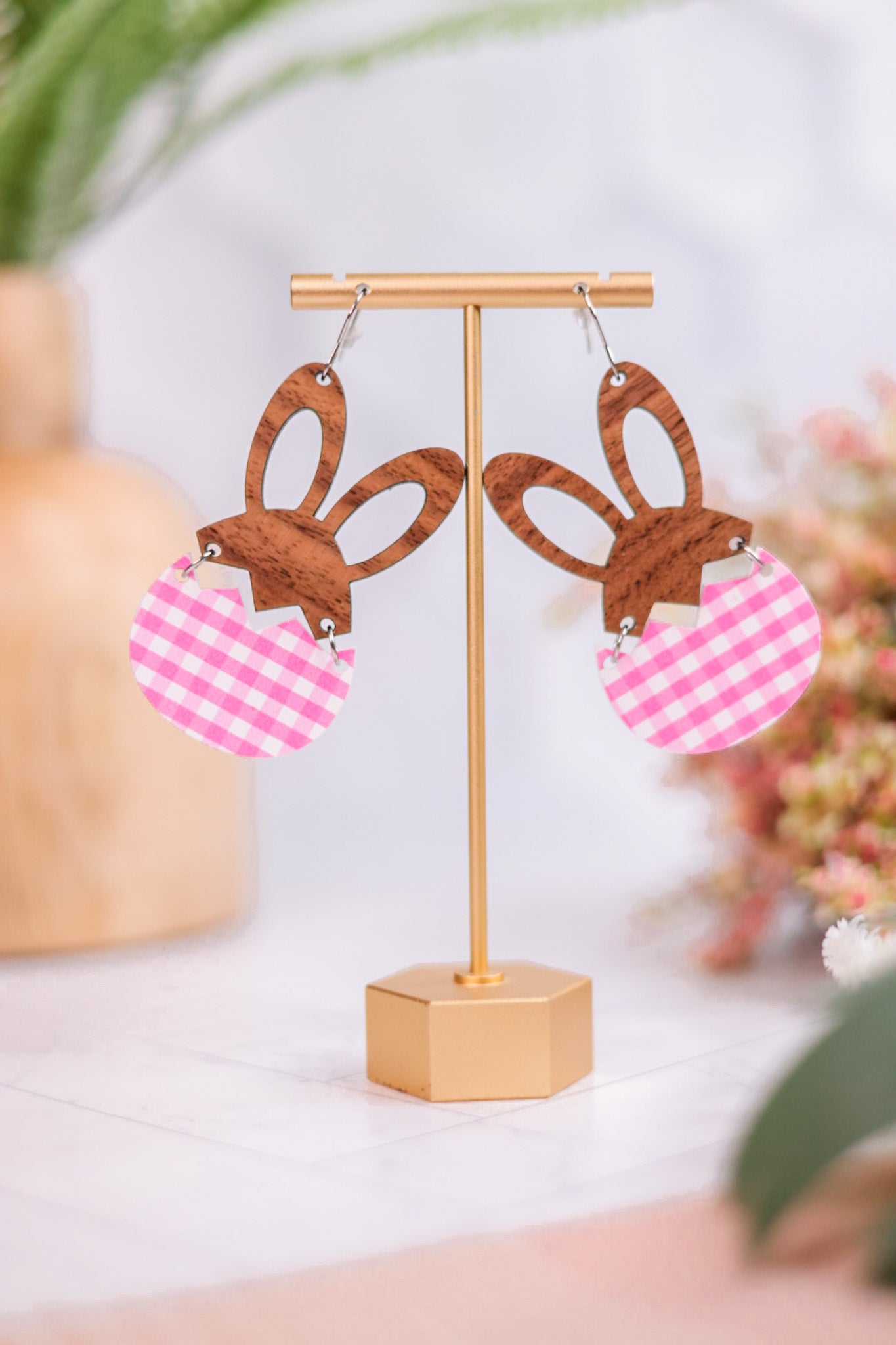 Wood Hare & Pink Gingham Earrings