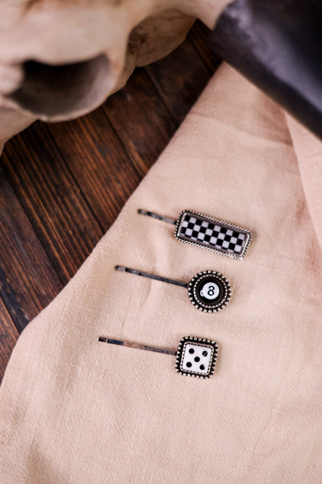 Black & White Check, Eight-ball, & Dice Bobbie Set Of Three
