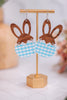 Wood Hare & Blue Gingham Earrings