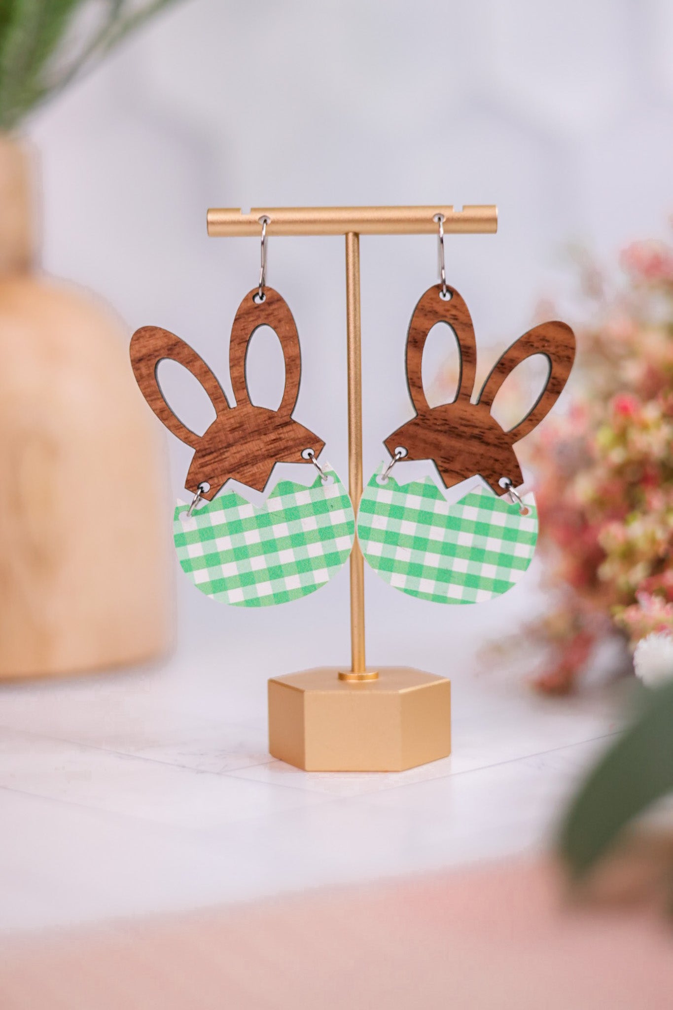 Wood Hare & Green Gingham Earrings