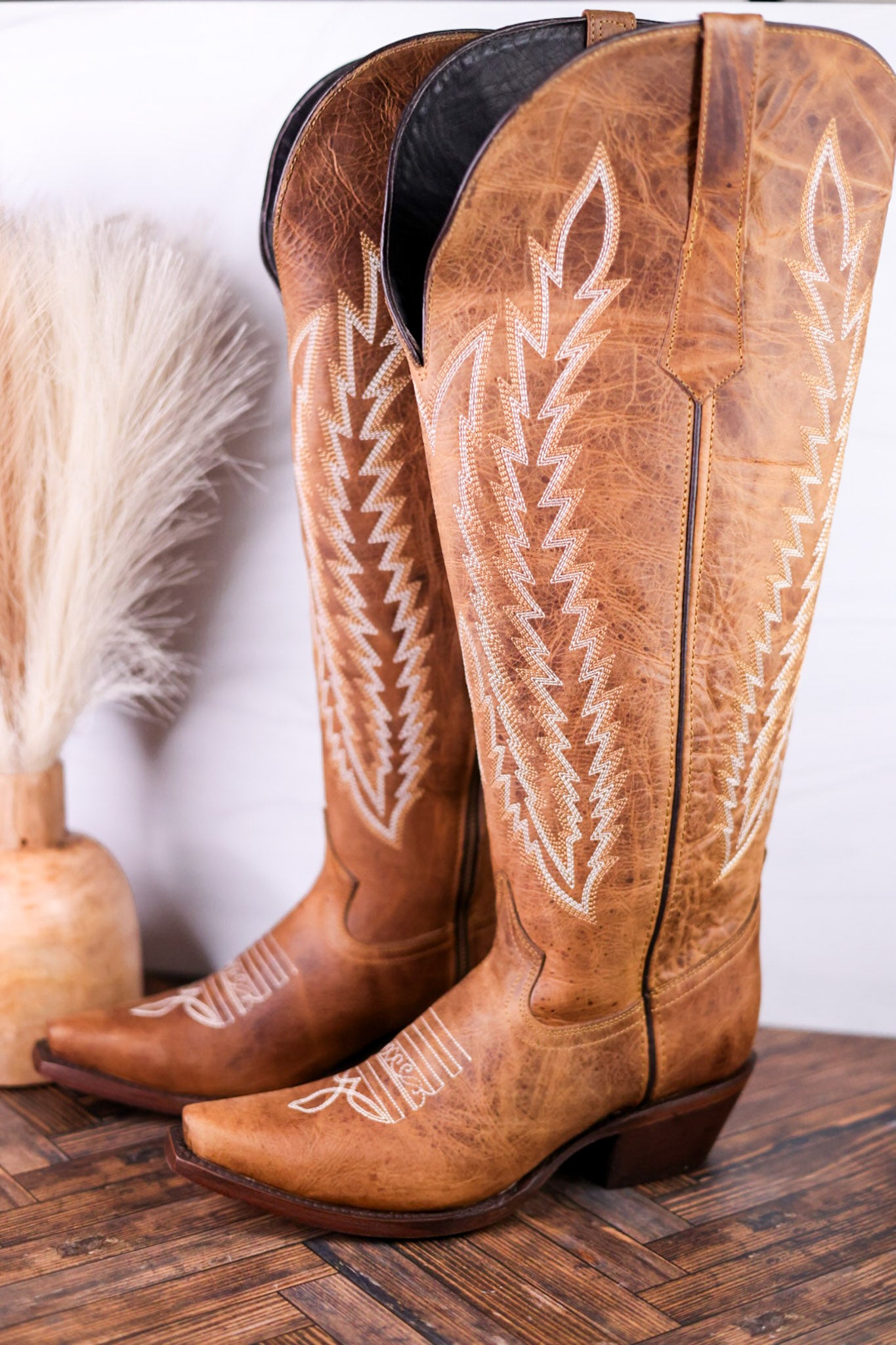 Gia Tall Wide Calf Embroidered Leather Boots In Camel Brown