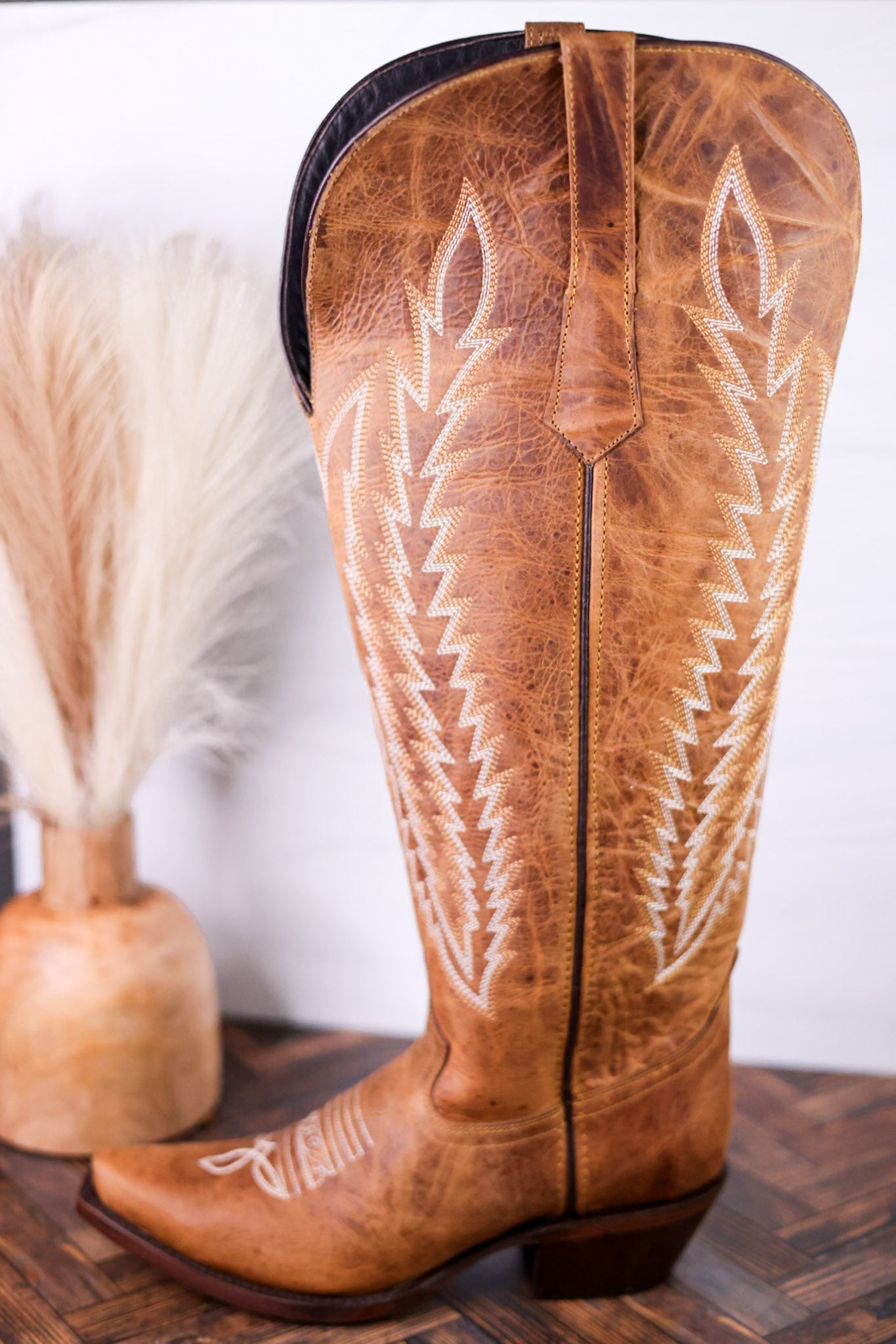 Gia Tall Wide Calf Embroidered Leather Boots In Camel Brown