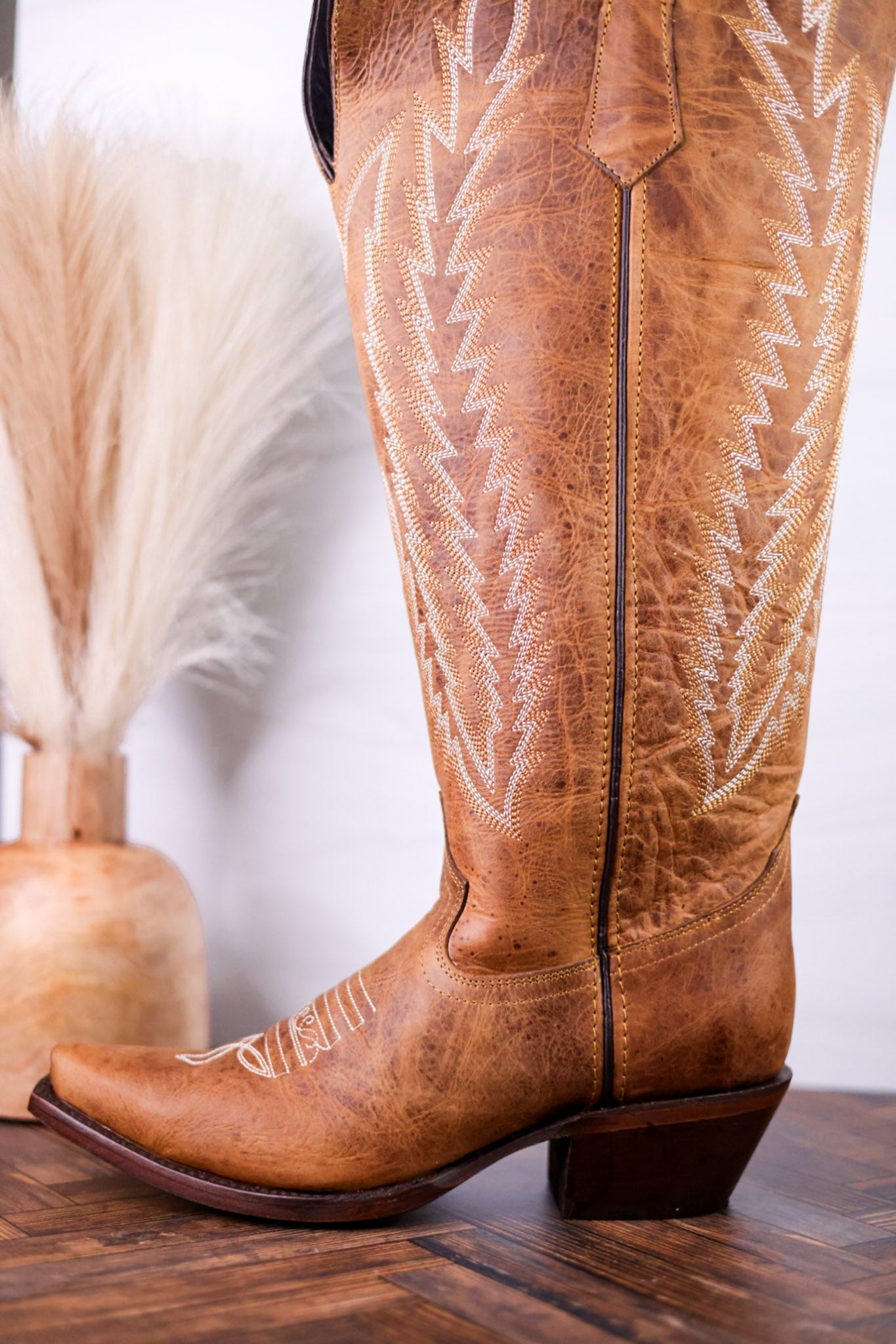 Gia Tall Wide Calf Embroidered Leather Boots In Camel Brown