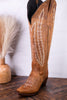 Gia Tall Wide Calf Embroidered Leather Boots In Camel Brown