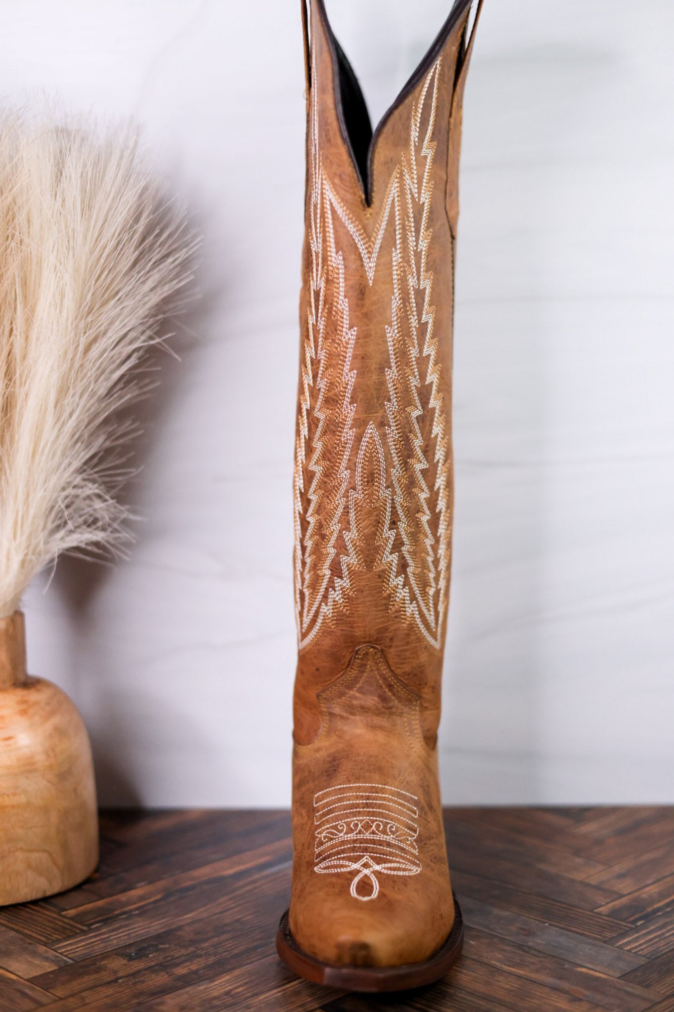 Gia Tall Wide Calf Embroidered Leather Boots In Camel Brown
